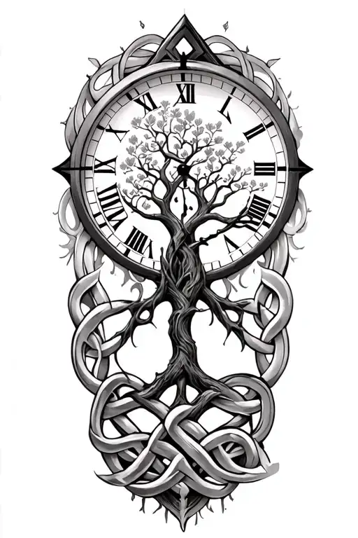 celtic tree of life clock surrounded by celtic knot tattoo design idea