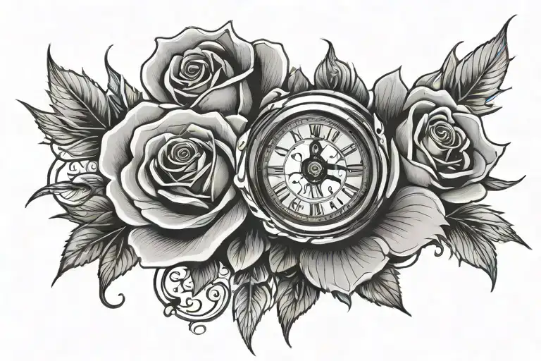 Rose and eye a clock hands tattoo design idea