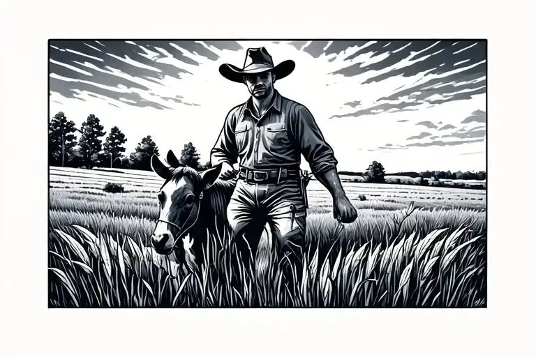 farmer taming the american great plains, a sense of pride and connected with nature tattoo design idea