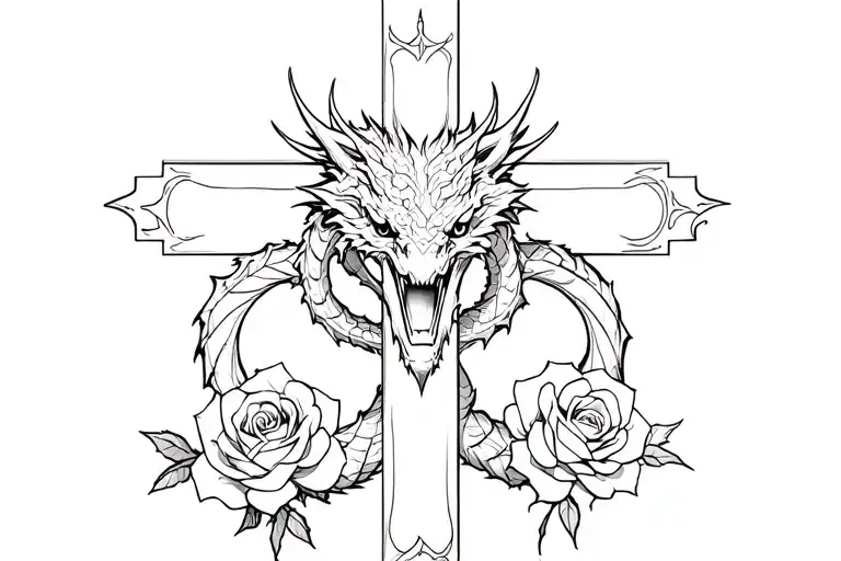 Christian cross with 3 roses on the bottom and a Dragon wrangled around the cross tattoo design idea