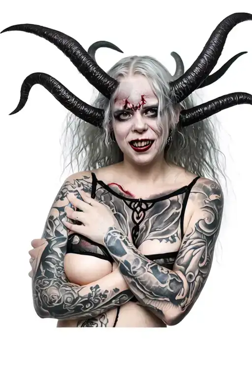 Sexy Pale Girl, petite, big boobs, wide hips, G-String. Messy hair, demonic horns, sexual. Seductive smile. Full Body tattoo design idea
