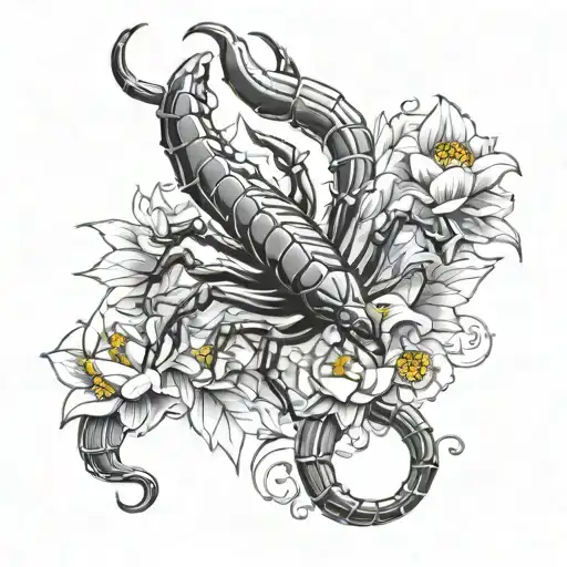 ARIA the name in the shape of a scorpion with a lotus flower as the stinger  tattoo design idea