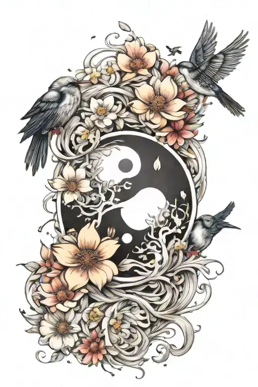 Yin Yang, flower petals, birds, melancholy, spring tattoo design idea
