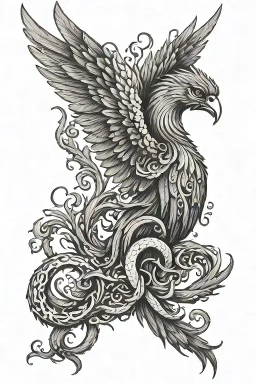 A phoenix whose feathers become Medusa's serpents, holding a semicolon. tattoo design idea