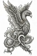 A phoenix whose feathers become Medusa's serpents, holding a semicolon. tattoo design idea