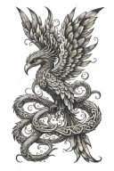 A phoenix whose feathers become Medusa's serpents, holding a semicolon. tattoo design idea