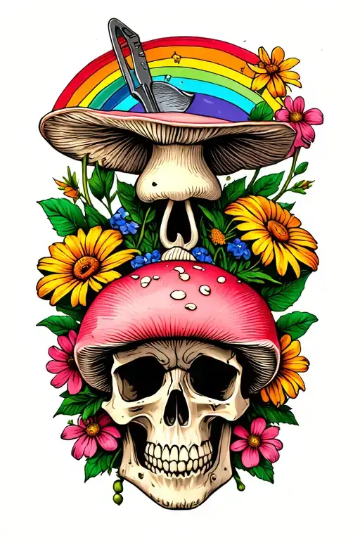 flowers, mushrooms, garden tools, skull, rainbow tattoo design idea