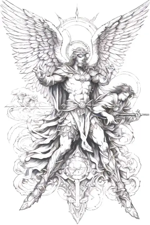 arc angel michael slaying demons, is coming down from heaven, has a pair of praying angels on the side of him  tattoo design idea