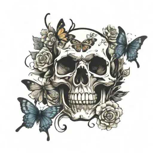 skull with butterflys flying around it tattoo design idea