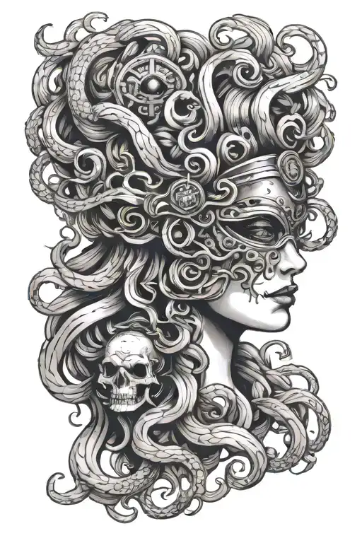medusa half skull inside helmet surrounded fluffy hair goddess face tattoo design idea