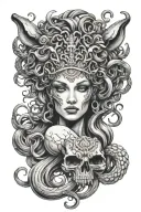 medusa half skull inside helmet surrounded fluffy hair goddess face tattoo design idea
