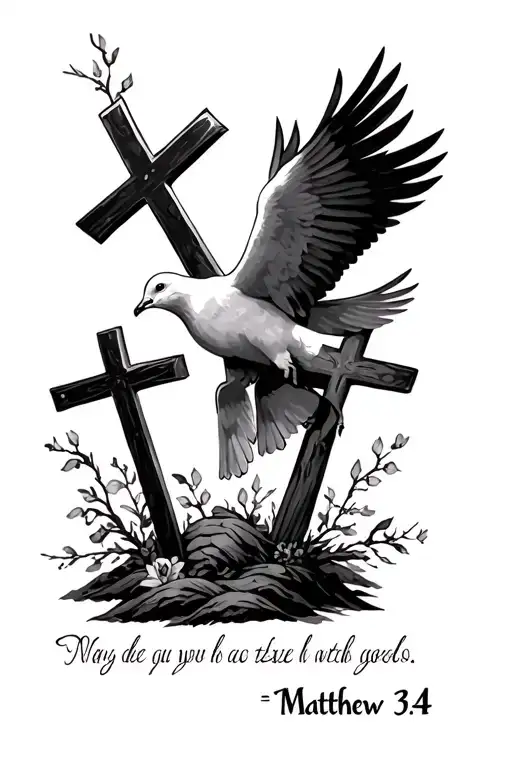 calf tattoo with a dove carrying crosses with verse Matthew 6:34 tattoo design idea
