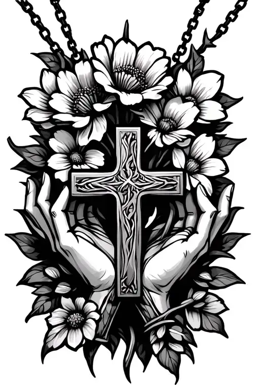 a flower stem with thorns and flowers that are shaped on a necklace. pendant is Prayer hands holding a cross necklace  tattoo design idea
