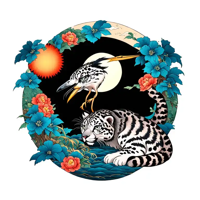 Traditional japanese snow leopard, heron moon and sun. tattoo design idea