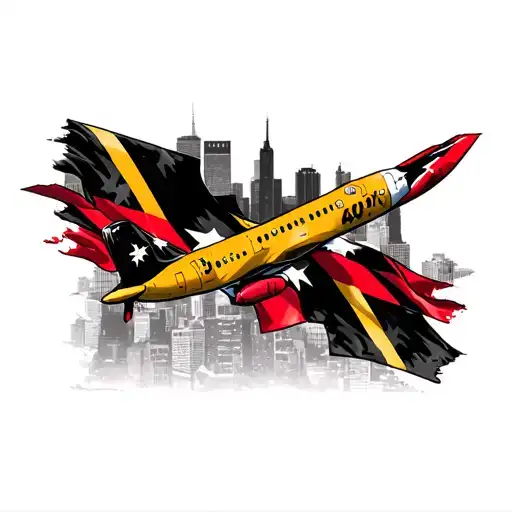 Baltimore Maryland flag wrapped on a airplane flying over the Baltimore skyline  with 410 intertwined  tattoo design idea