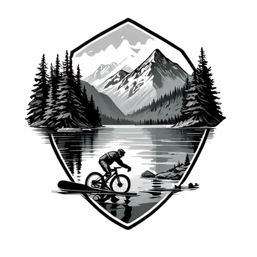 Mountains, MTB Fully Scott Genius, lake with swimmer, snowboarder to the mountain tattoo design idea