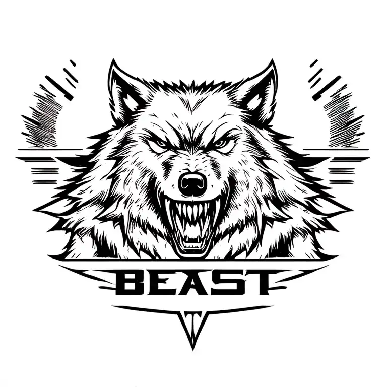 centered black howling werewolf with the word "BEAST" tattoo design idea