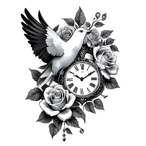 clock dove roses intertwined tattoo design idea