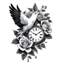 clock dove roses intertwined tattoo design idea