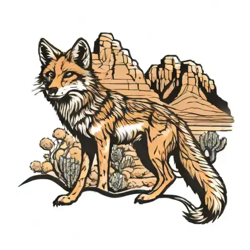 coyote near cactus mountains in background tattoo design idea