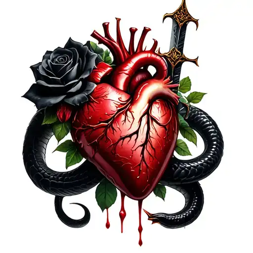 black snake wraps bloody human heart entwined with black roses with thorns, pierced by dagger tattoo design idea