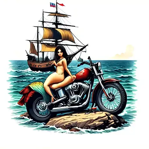 A rocky shore scene with a mermaid sitting on a rock, a motorcycle parked in the foreground and a pirate ship in the sea tattoo design idea