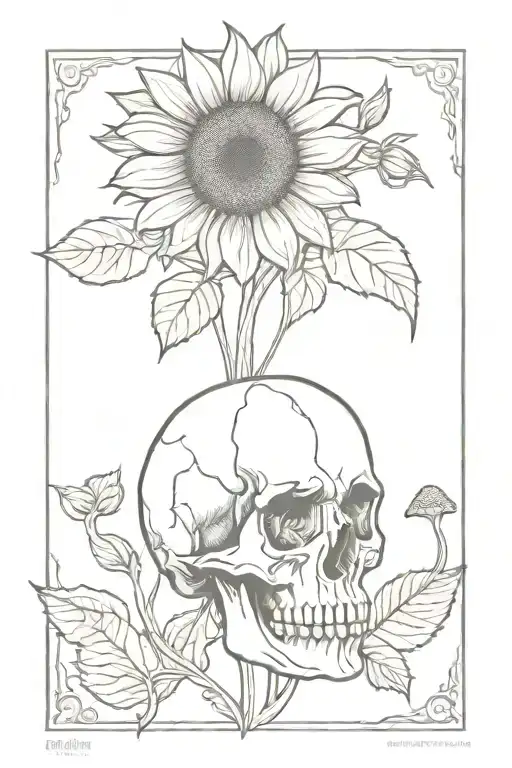 skull sunflower,  mushroom growing tattoo design idea