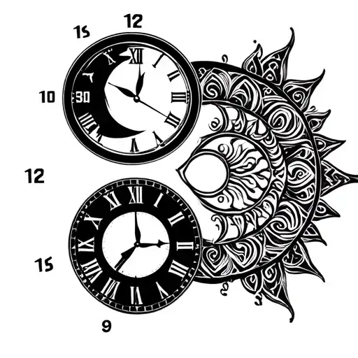 2 digital clocks tribal patterns - one moon and one sun - moon to have 3:07 12/04/22 and the sun to have 8:13 23/09/24 tattoo design idea