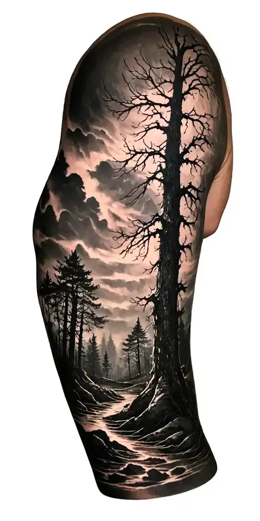 creepy forest scene with black sky tattoo design idea