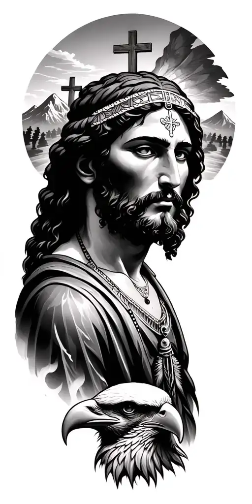 Jesus with a background of crosses in a cemetery on the top of his shoulder and an Indian woman with an eagle's head with a background of a mountain tattoo design idea