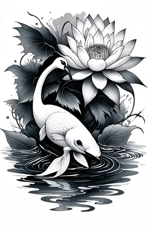 cranes, koi fish swimming upstream, lotus flower blooming tattoo design idea