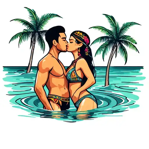 Polynesian man and Polynesian woman in swimsuits kiss each other in the Polynesian islands. tattoo design idea