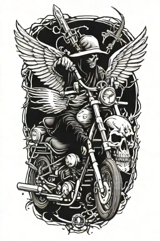 Harley style with railroad tracks down the center with grim reaper skulls and motorcycle engines tattoo design idea