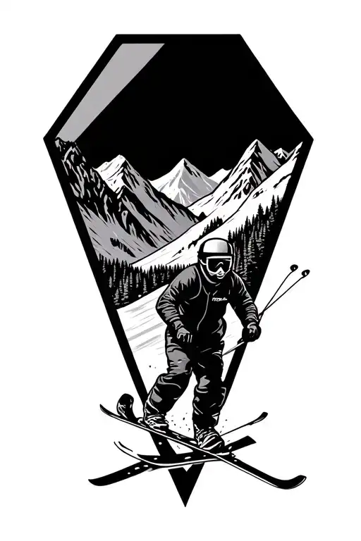 downhill skiing with mountains inside black diamond tattoo design idea
