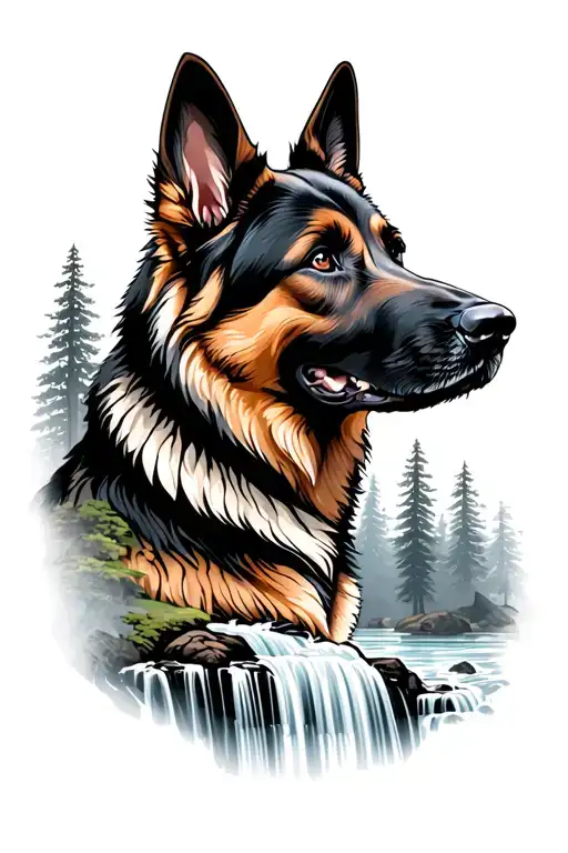 waterfall forest landscape whit German shepherd silhouette formed tattoo design idea