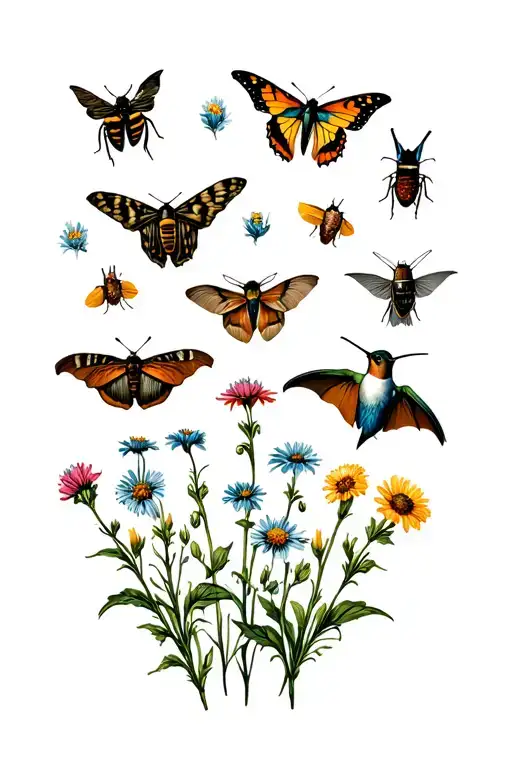 rusty patch bumblebee, hummingbird moth, swallowtail butterfly, brown bat, click beetle, & blue bird over wildflowers  tattoo design idea