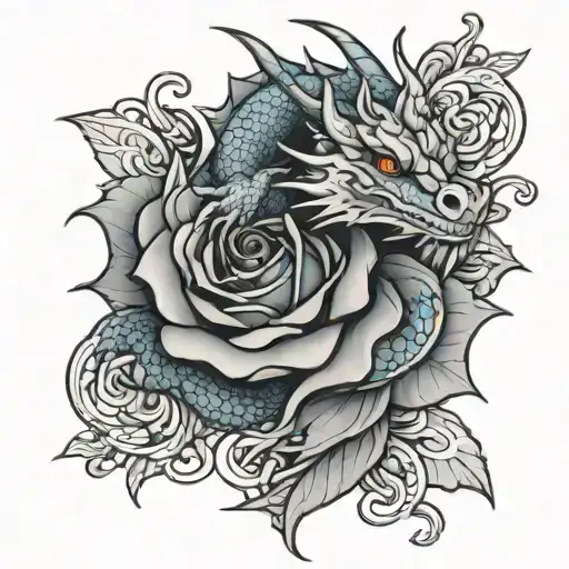blue dragon rose surrounded tattoo design idea