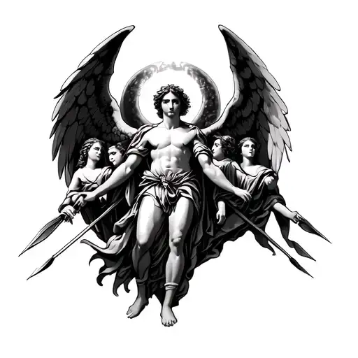  generate a chest tattoo showing angels with the hosts of heaven with spears Make it look attractive and a round ne tattoo design idea