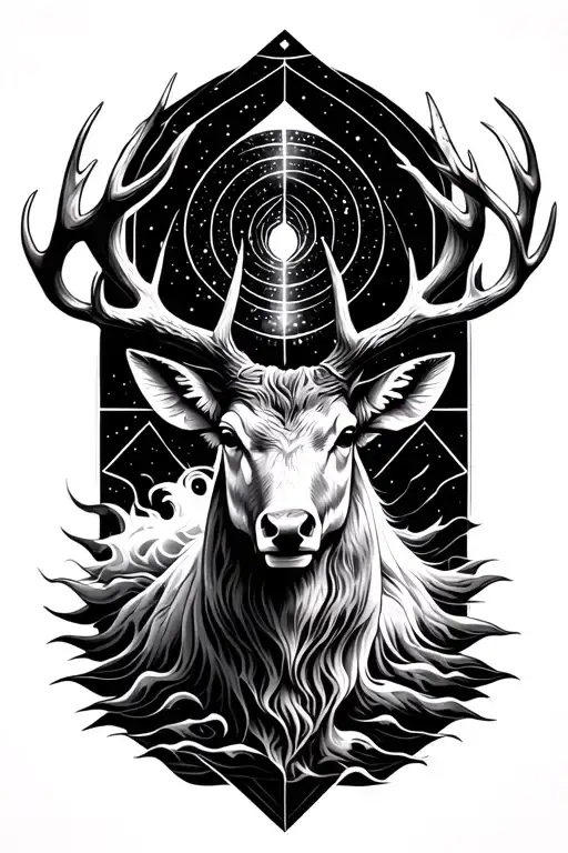 realist front-facing stag god up to waist, anxiety, waves and cosmos elements, geometrical shape above and behind tattoo design idea