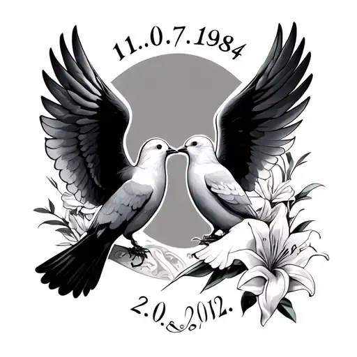 "11.07.1984-12.09.2012" 2 doves flying facing eachother, , angel wings,love,lillies tattoo design idea