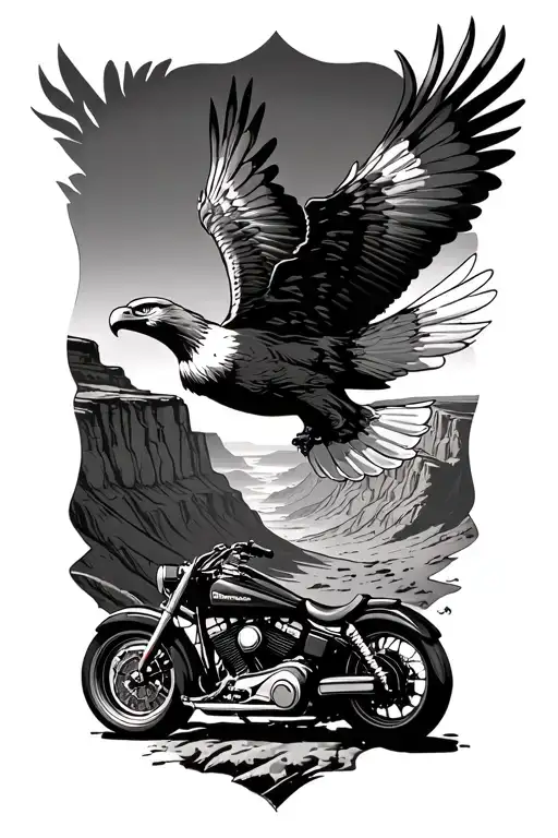 A black and grey tattoo of an eagle soaring over the Grand Canyon with a Harley Davidson motorcycle in the background tattoo design idea