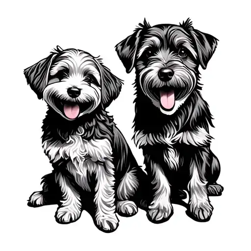 outline drawing of three dogs sitting together. a german shepherd a labrador and a bichon frise  tattoo design idea