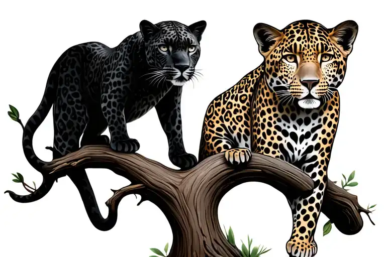 A black leopard on the left branch of a tree and a spotted leopard on the right branch in baobab tree tattoo design idea
