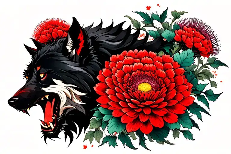 black and red ink. wolf in traditional Japanese style and mythical look snarling around chrysanthemums or thistles tattoo design idea