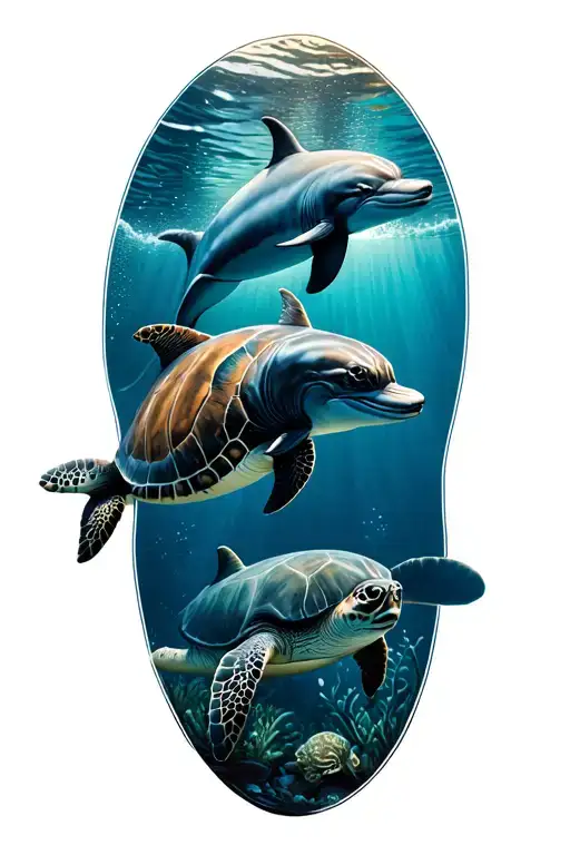 two dolphins and a sea turtle swimming in the ocean tattoo design idea