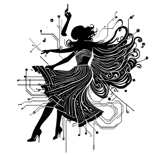 A stylized salsa dancer with intricate patterns inspired by electrical circuits, symbolizing the client's passion for music and occupation as an electrician tattoo design idea