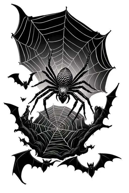 Spider at the top of cob webs and bats stuck in the web tattoo design idea