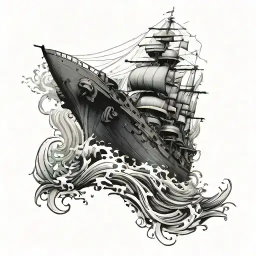 A battleship drowning beneath waves tattoo design idea