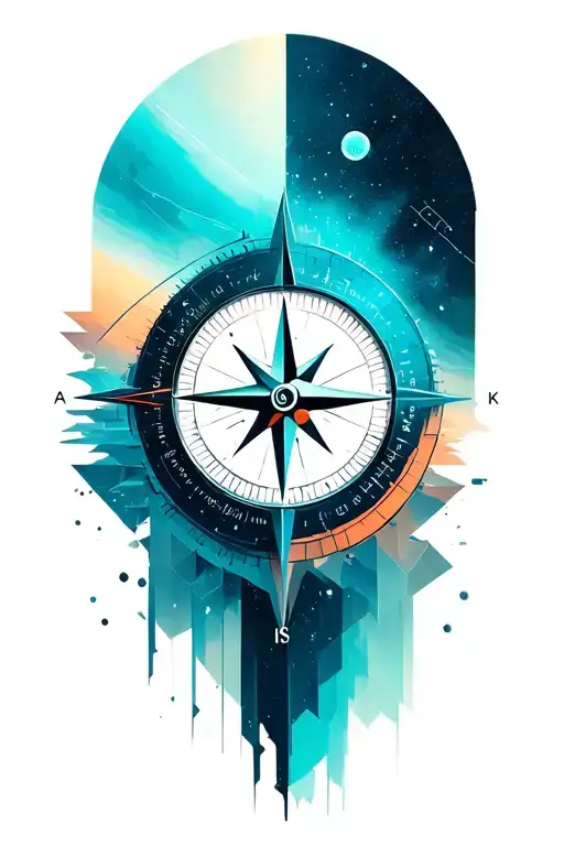 A geometric space landscape inspired by technology incorporating mild cyan. add compass as main element  tattoo design idea