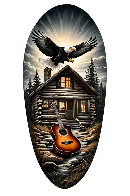 log cabin with an acoustic guitar in front and an eagle flying above. nature scene  tattoo design idea